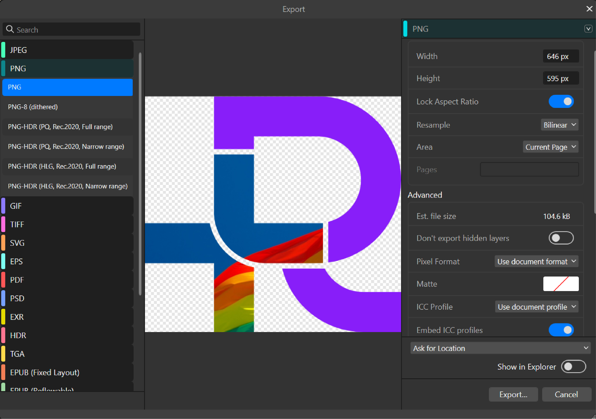 Affinity Designer Export dialog with PNG format selected, showing a preview of the customised R+ logo with export settings for width, height, and pixel format