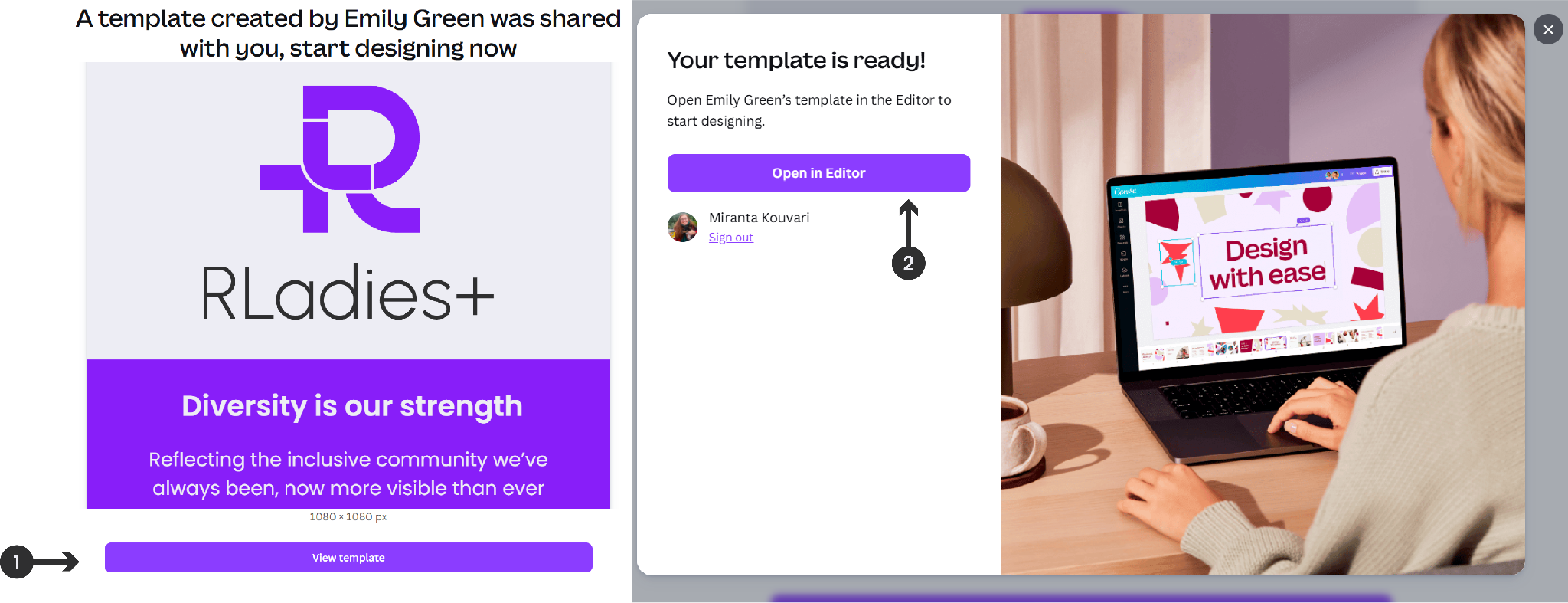 Canva template sharing screen showing the View Template button (step 1) and the Open in Editor button (step 2)