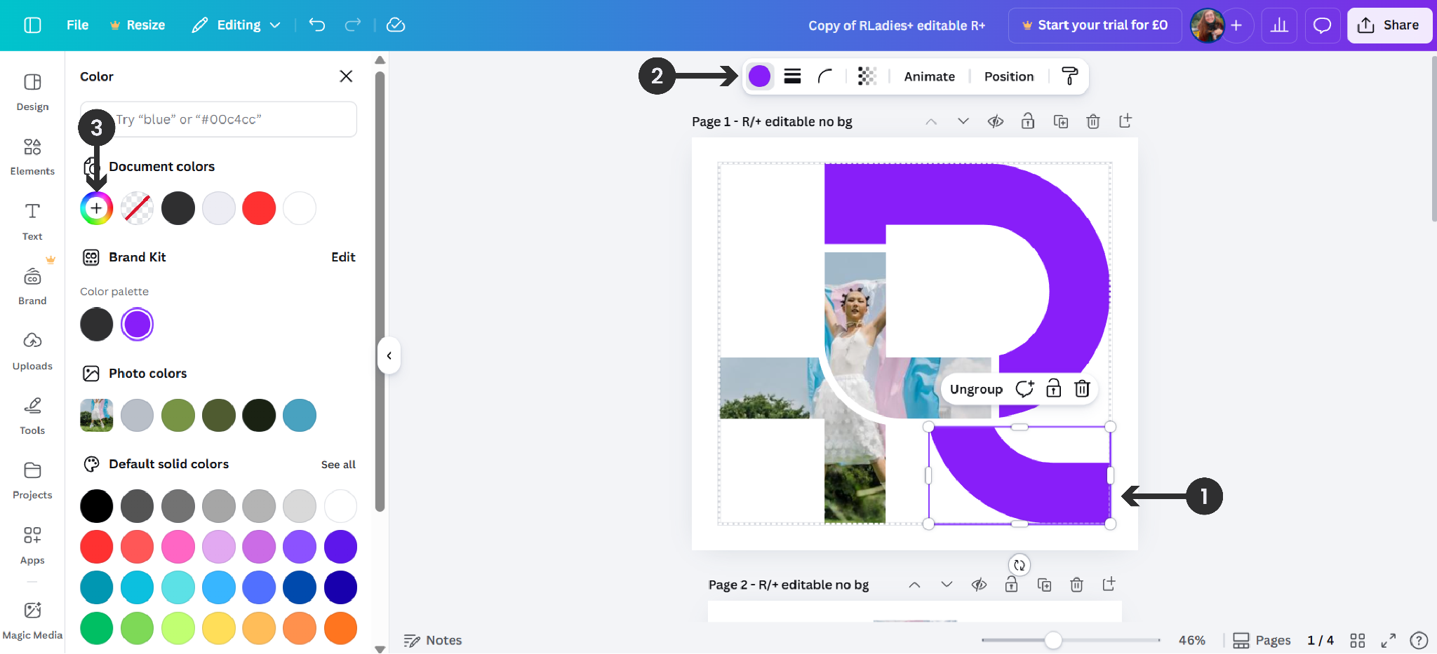 Canva editor showing a selected shape element (step 1), the color fill button in the toolbar (step 2), and the color panel with brand colours (step 3)