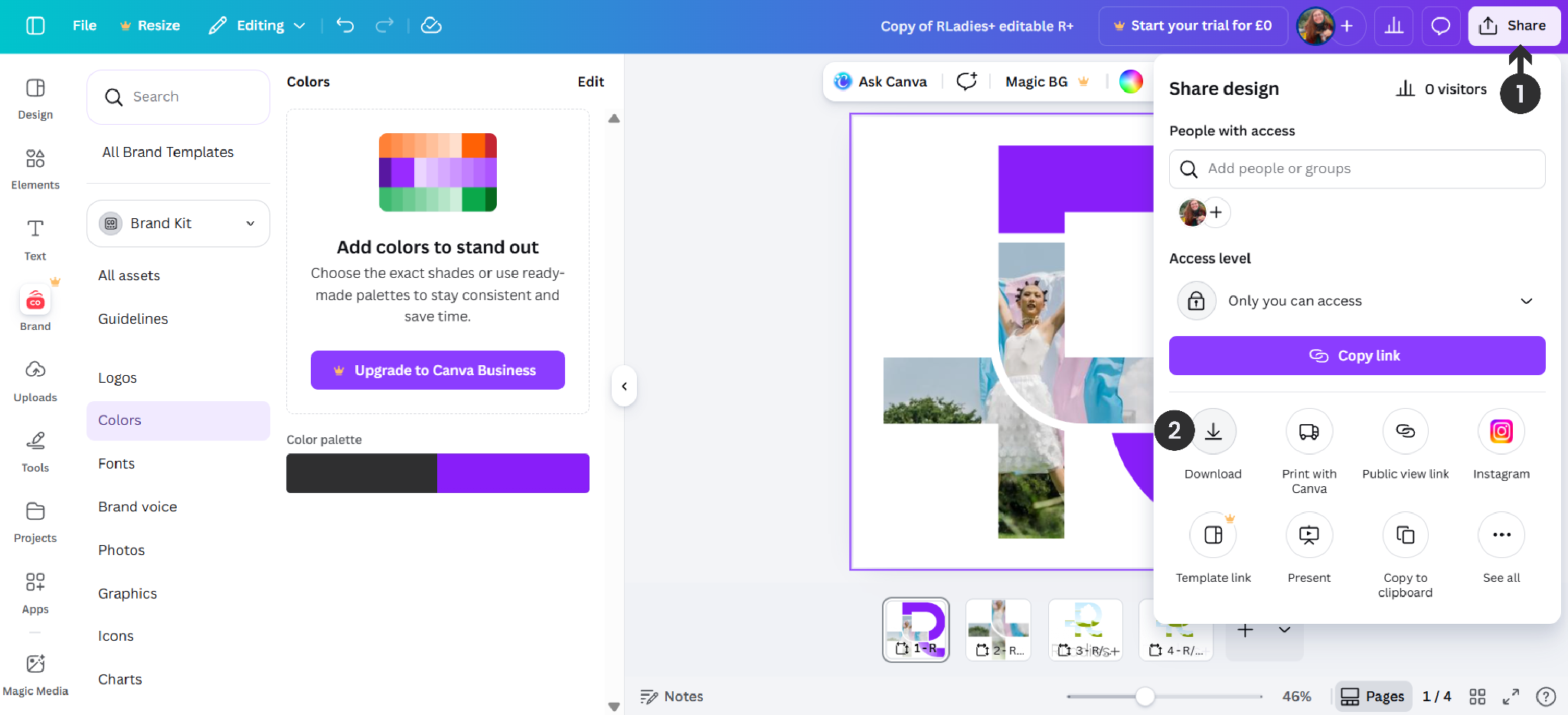 Canva editor showing the Share button (step 1) and the Download option (step 2), with the Brand Kit panel displaying the RLadies+ colour palette