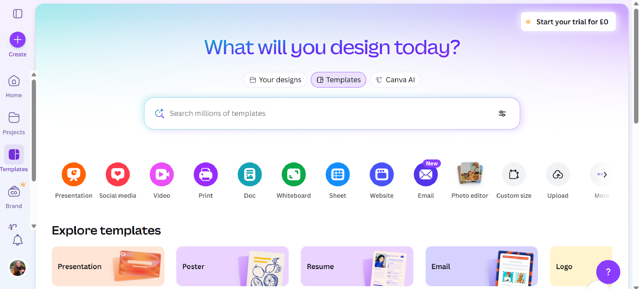 The Canva homepage showing the design prompt, Templates tab, and category icons for Presentation, Social media, Video, and Print