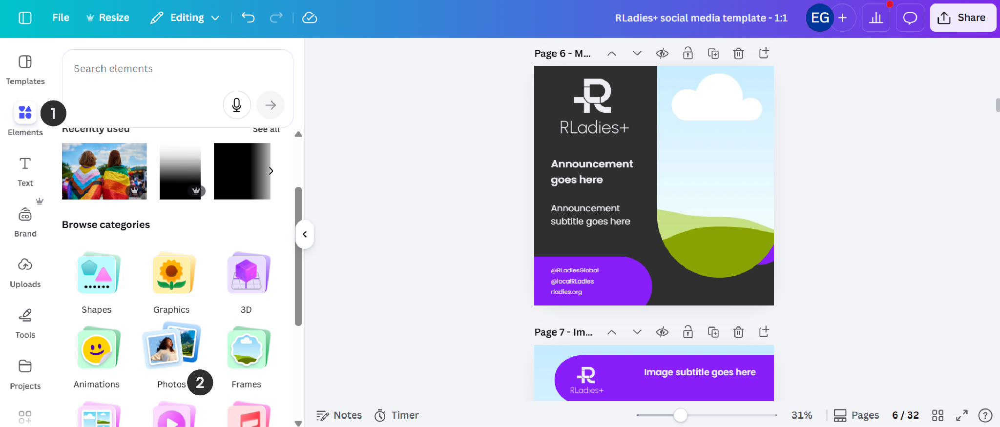 The Canva editor with the Elements panel showing Photos (step 1) and the template with the Photos category highlighted (step 2)
