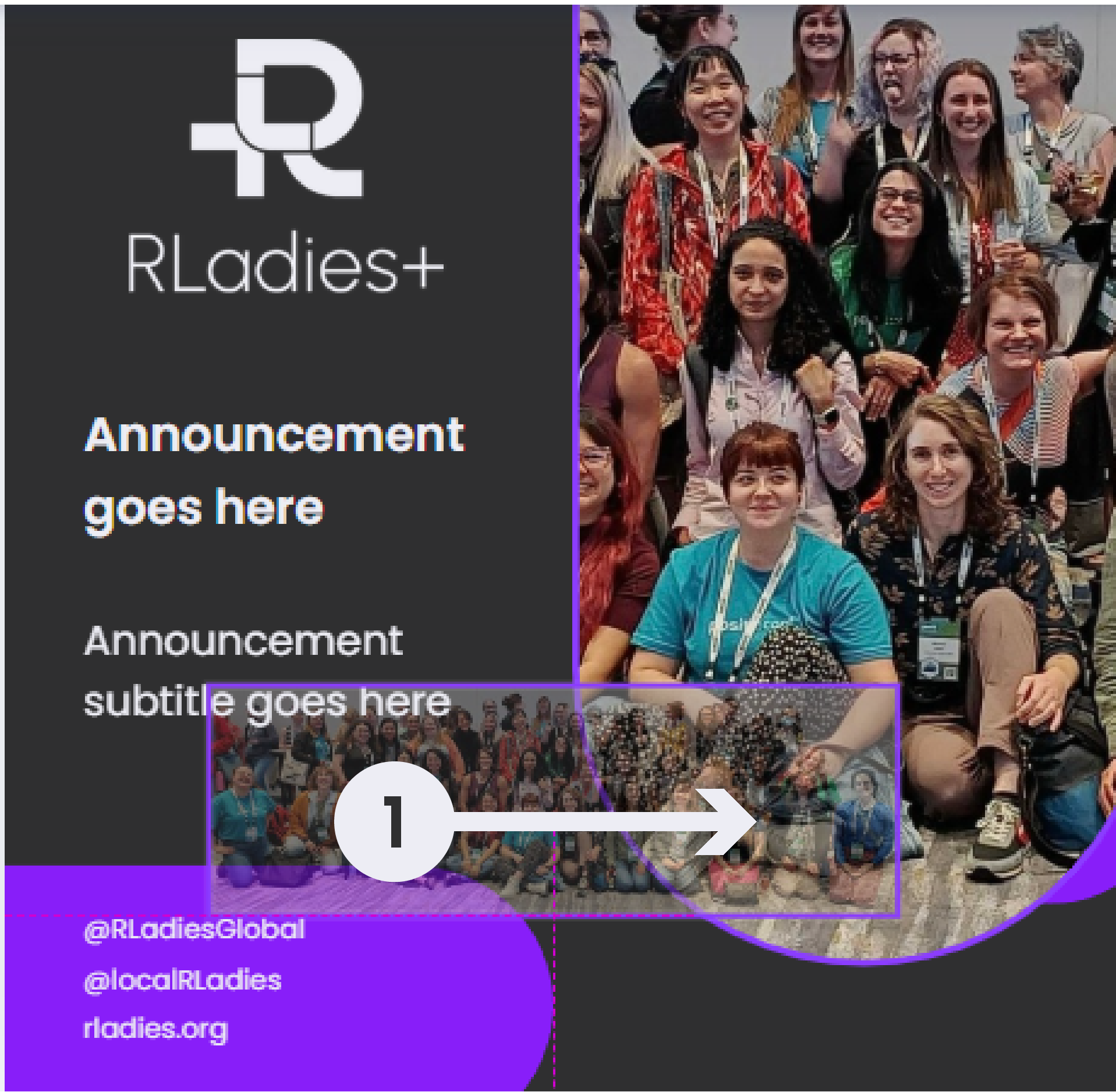 An RLadies+ template with a group photo inserted into the image placeholder