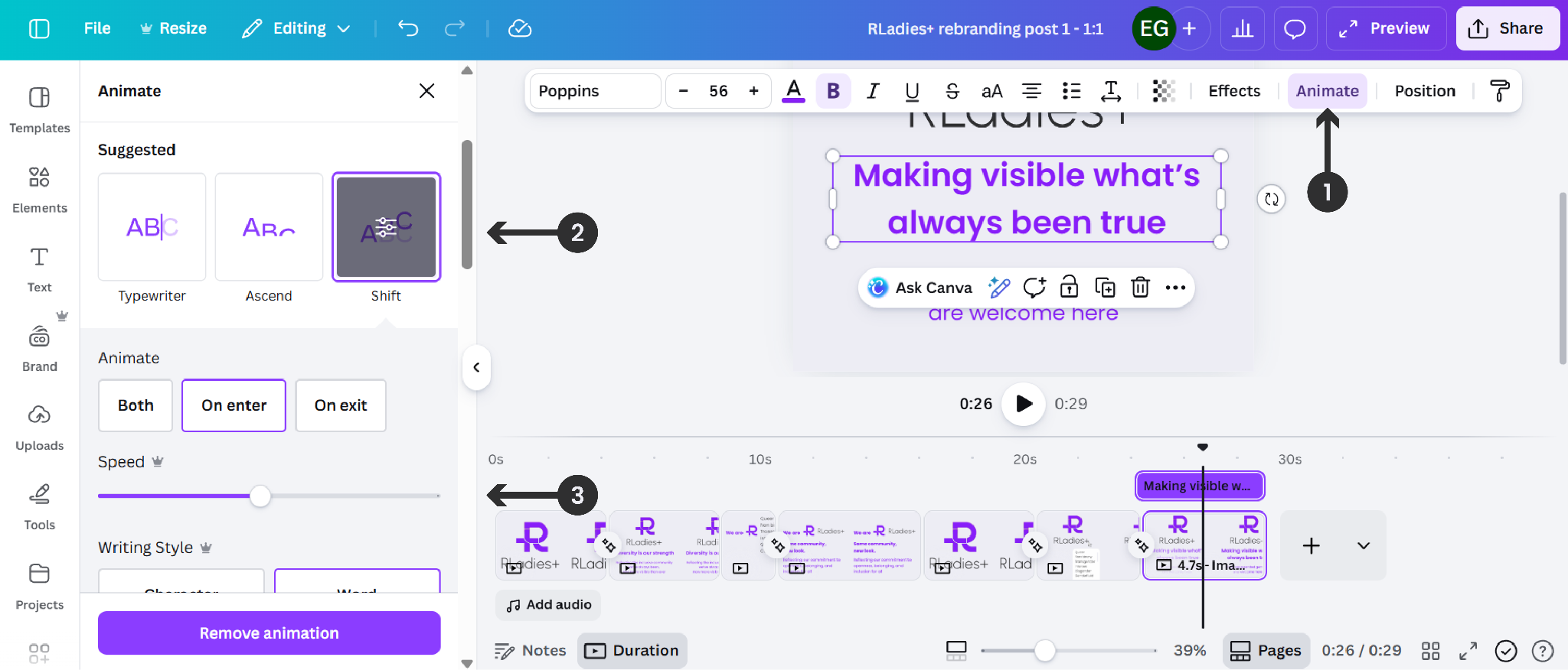 The Canva Animate panel showing text animation options and speed controls, with a timeline at the bottom
