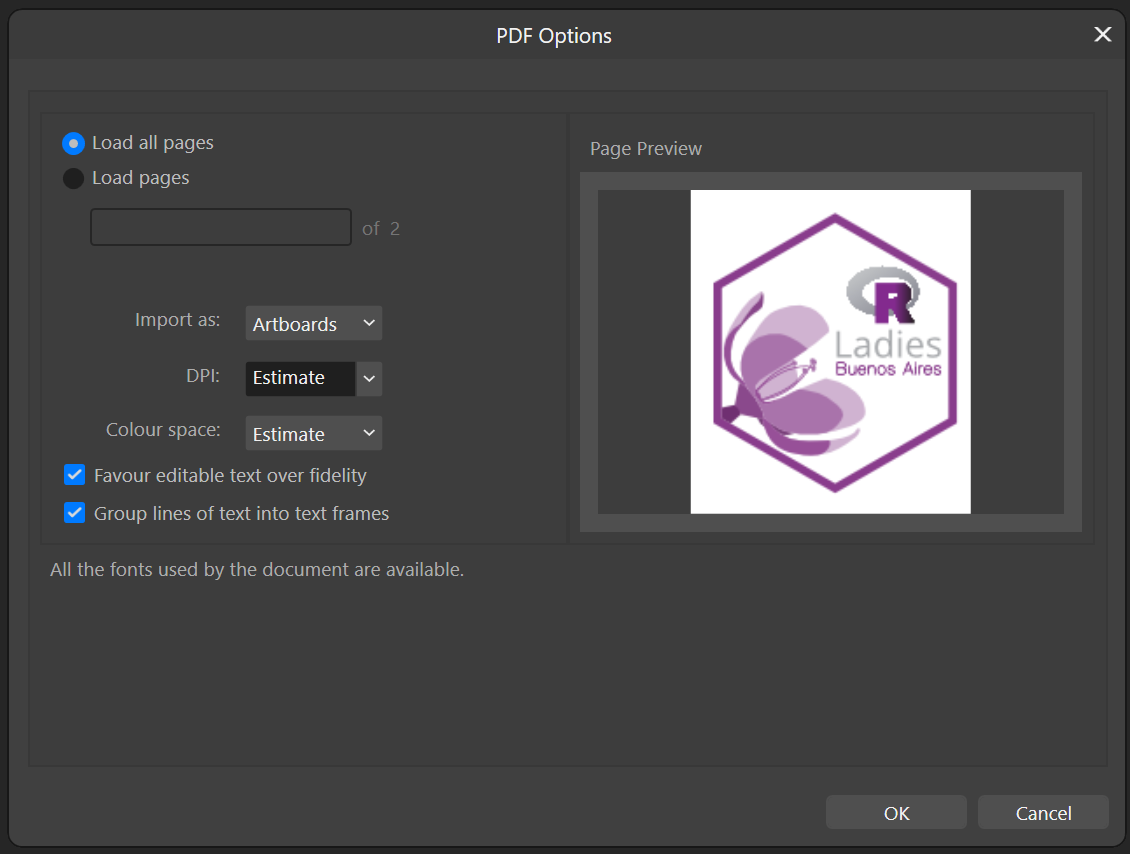 The PDF Options import dialog showing Load all pages selected, Import as Artboards, and a preview of the hex logo