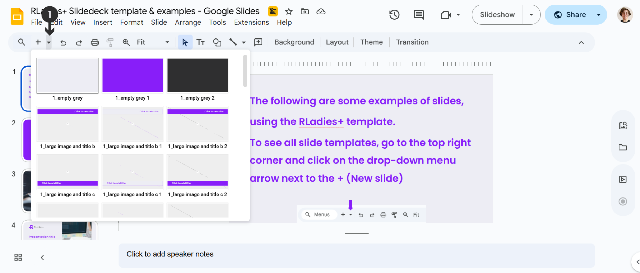 Google Slides toolbar with the new slide dropdown open, showing a grid of available RLadies+ slide layout thumbnails