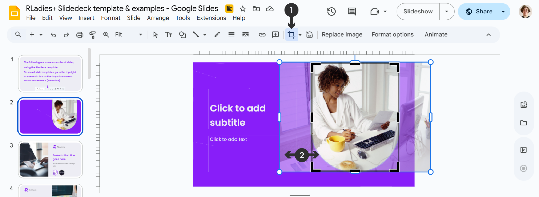 A slide showing an inserted photo being cropped, with step 1 pointing to the Crop icon and step 2 showing the drag handles
