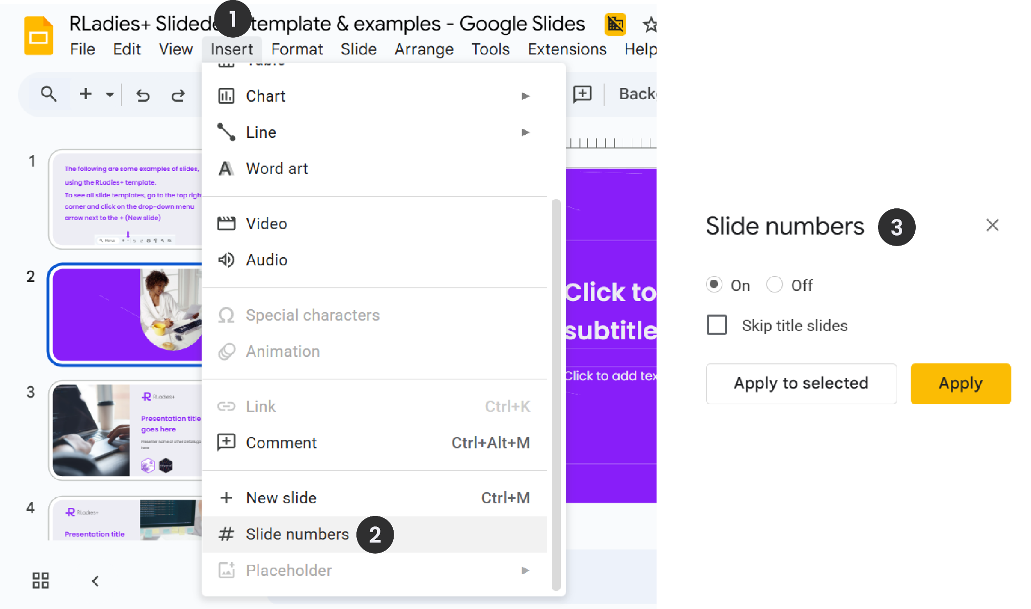 The Insert menu with the Slide Numbers option, and the Slide Numbers dialog with On/Off radio buttons and Apply buttons