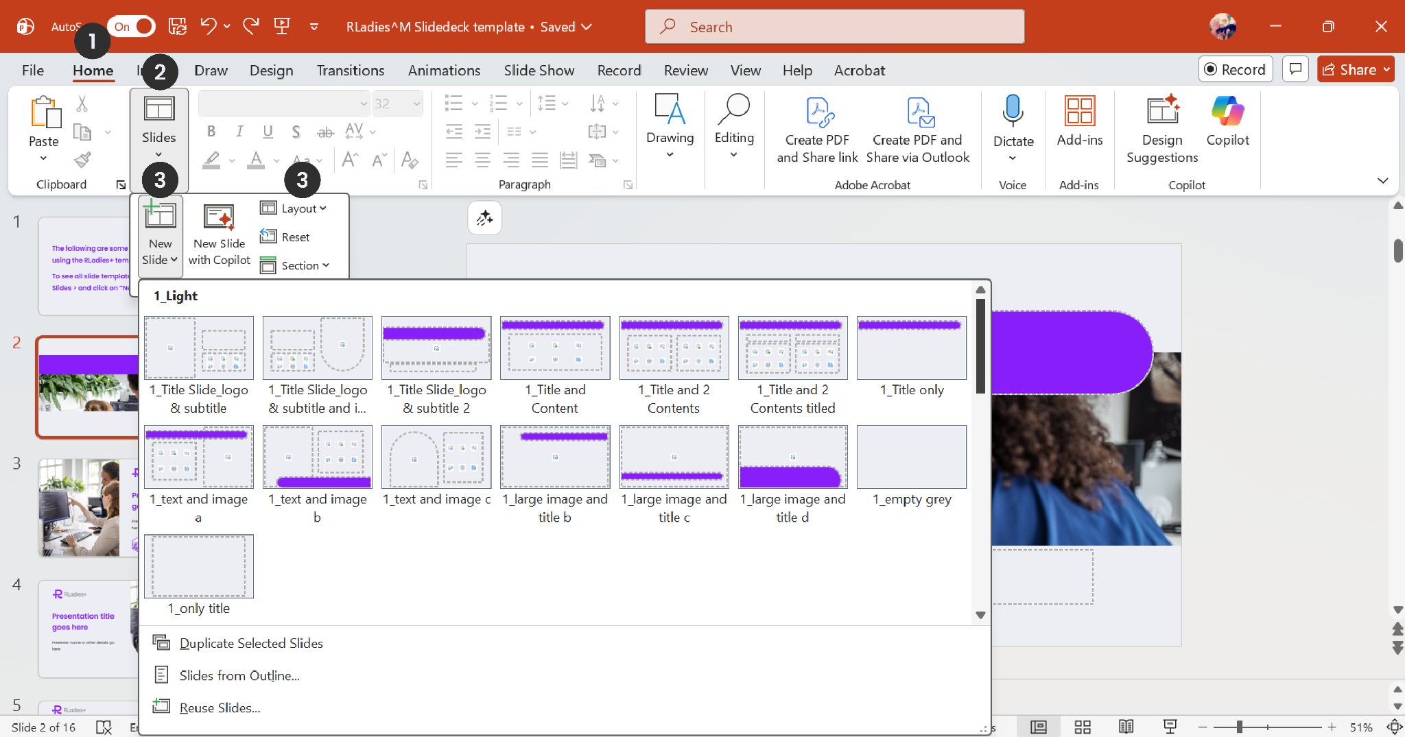PowerPoint Home tab with the New Slide dropdown showing a gallery of RLadies+ slide layout thumbnails in the Light variation