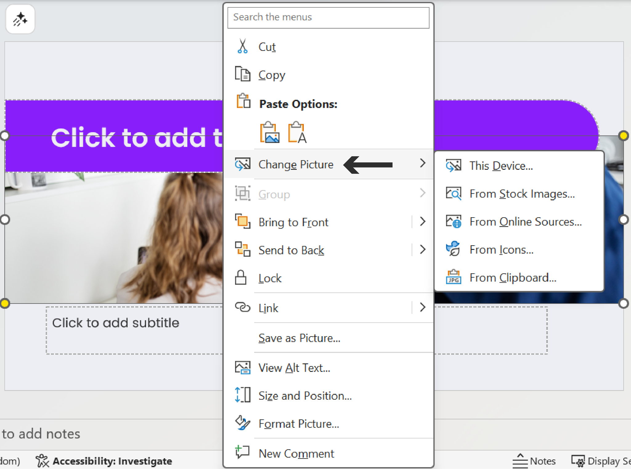 PowerPoint right-click context menu on an image showing the Change Picture option with source choices