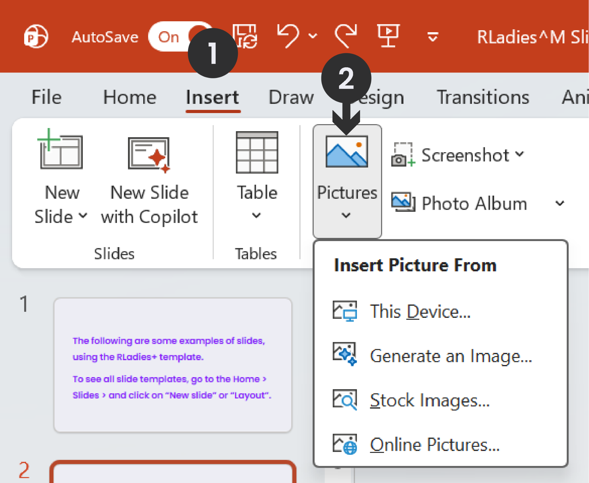 PowerPoint Insert tab with the Pictures button and its dropdown showing image source options