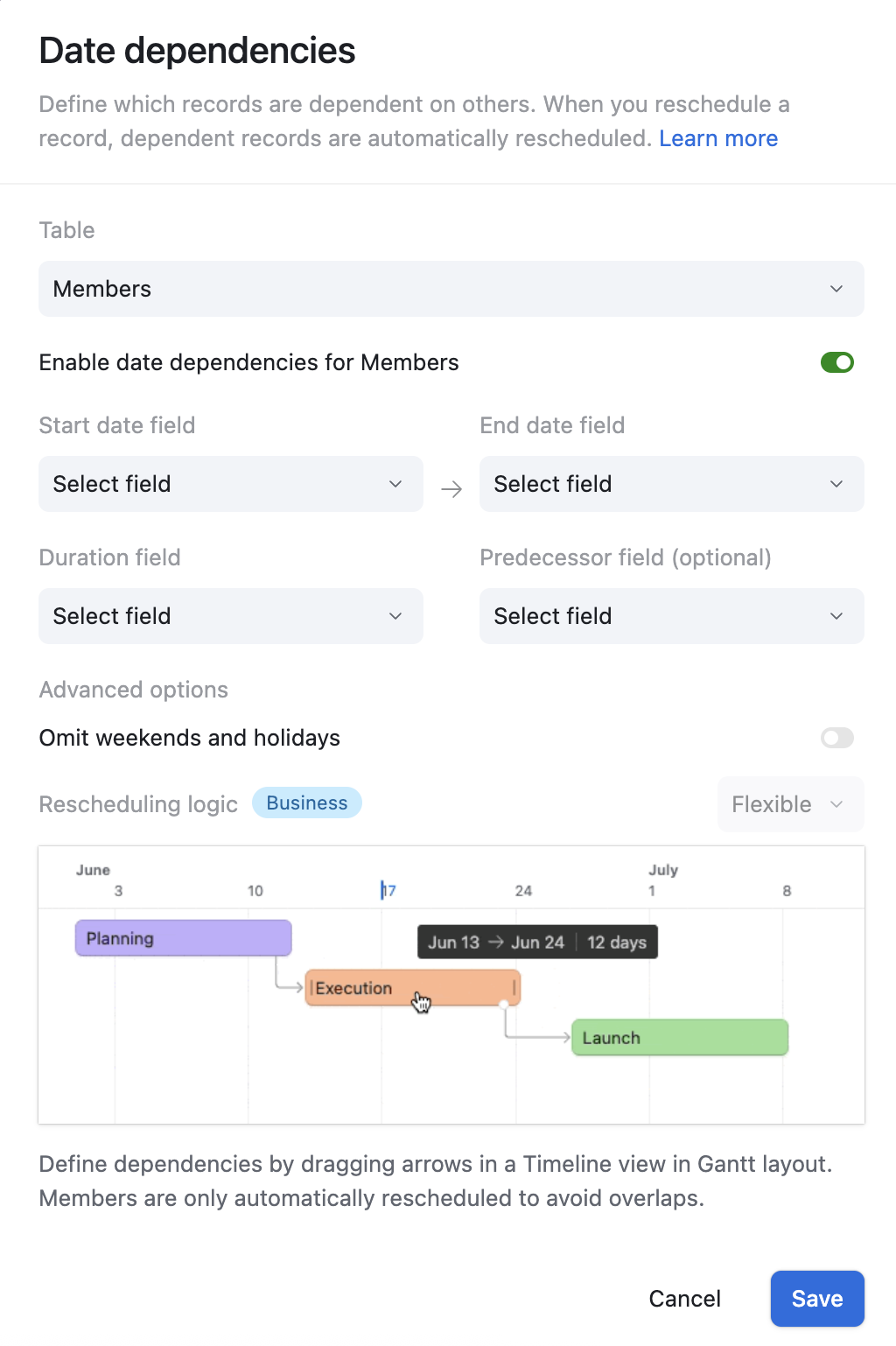 Airtable “Date dependencies” configuration panel showing options to select a table (“Members”), enable date dependencies, choose start/end/duration/predecessor fields, and advanced options like omitting weekends. A Gantt chart-like timeline visualizes linked tasks (Planning, Execution, Launch) with dependency arrows.