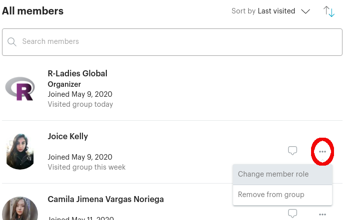 Screenshot of the organizers list, near every person&rsquo;s name are three dots