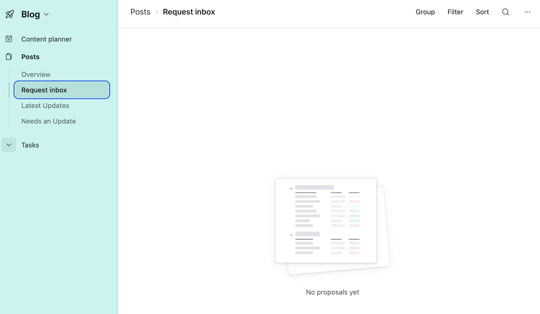 Airtable “Request inbox” view under “Posts” showing “No proposals yet”.
